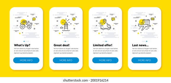 Vector set of Lighthouse, Tractor and Delivery truck line icons set. UI phone app screens with line icons. Select flight icon. Navigation beacon, Farm transport, Courier location. Vector