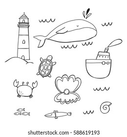 vector set with lighthouse, whale, turtle, shell, crab.