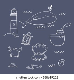 vector set with lighthouse, whale, turtle, shell, crab.