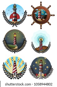 Vector Set of Lighthouses. Beacon Traditional Tattoo Art