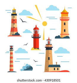 Vector set of lighthouses. Design elements and icons in flat style isolated on white background. Cartoon lighthouse, clouds, sun.