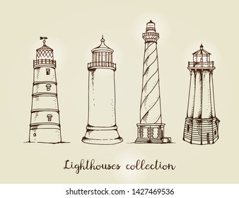 Vector set of lighthouses isolated on beige background