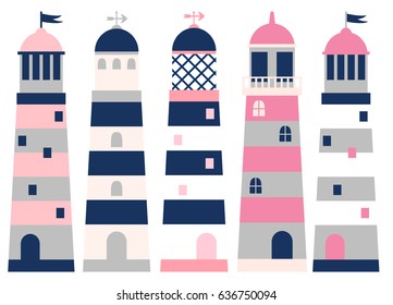 Vector set with lighthouses in pink, blue and grey colors