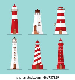 vector set of lighthouses sea tower maritime water building architecture  