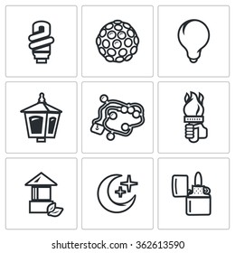 Vector Set of Lighting Icons. Power save lamp, Lumiere, Incandescent, Street light, Garland, Torch, Architectural, Moonlight, Lighter. Light Bulb, Equipment, Lantern, torch, Crescent, Cigar-lighter