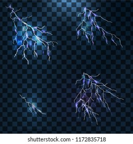 Vector Set of lightning bolts. Light effects on a transparent background. Thunderstorm and lightning.