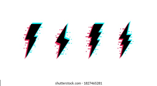 Vector set of lightnings with glitch effect. Thunderbolt icons in distorted glitch style. Hipster glitch logo design. Modern trendy backgrounds for design banner, poster, cover.