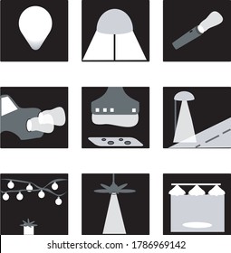 Vector set of lights. Light bulb, lamp, flashlight, car lights, oven hood, street light, outdoor hanging lights, fan light, and bathroom lighting.