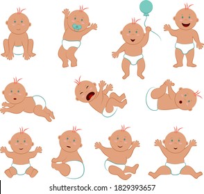 Conjunto vectorial de niño de piel clara con pelo rojo y ojos azules. Colección de once poses y expresiones faciales de un niño desnudo en pañales
