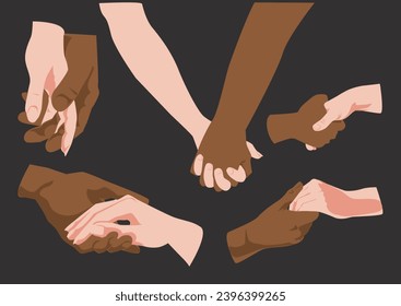 Conjunto vectorial de manos entrelazadas de piel clara y de piel oscura, manos de parejas. Ilustración vectorial de las manos humanas masculinas y femeninas juntas. Conjunto aislado de amistad de personas negras y blancas.