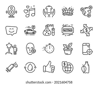 Vector set of Like hand, Payment exchange and Love music line icons set. Leaves, Problem skin and Hold t-shirt icons. Chemistry lab, World money and Smile face signs. Like hand web symbol. Vector