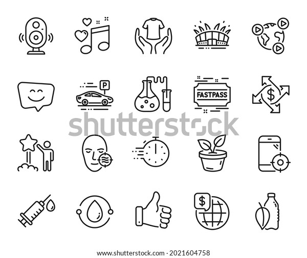 Vector set of Like hand, Payment exchange and Love\
music line icons set. Leaves, Problem skin and Hold t-shirt icons.\
Chemistry lab, World money and Smile face signs. Like hand web\
symbol. Vector