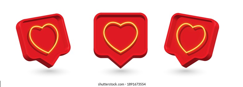 Vector set like heart icon on a red pin isolated on white background. Neon Like symbol. 3d vector illustration