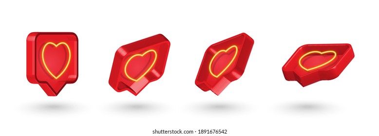 Vector set like heart icon on a red pin isolated on white background. Neon Like symbol. 3d vector illustration