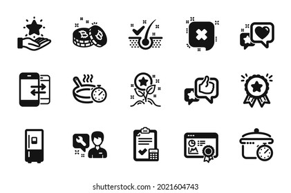 Vector set of Like, Repairman and Refrigerator icons simple set. Accounting checklist, Heart and Seo certificate icons. Reject, Phone communication and Loyalty program signs. Vector