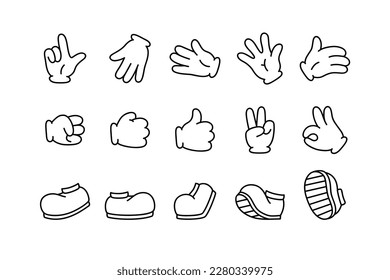 Vector set of limbs for creator of cartoon retro mascot, logo and branding. Monochrome elements of a hand in gloves and a foot in boots. The clipart is isolated on a white background.