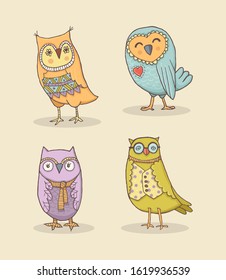 Vector Set of Line Art Cartoon owls. Stylized hand drawing on Kraft paper