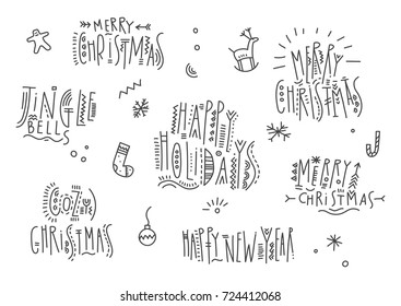 Vector set of line art Christmas letterings in ethnic style. 