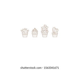 Vector set of line art cupcakes with decoration, isolated on a white background. Element greeting card, outline icon, romantic symbol. Cupcake with hearts decoration for greetings on Valentine's Day