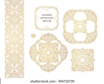 Vector set of line art decor, seamless borders for design template. Eastern style element. Golden outline floral decor. Mono line illustration for invitations, cards, certificate, thank you message.