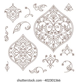 Vector set of line art decor, ornate vignettes for design template. Eastern style element. Black outline floral decor. Mono line illustration for invitations, cards, certificate, thank you message.