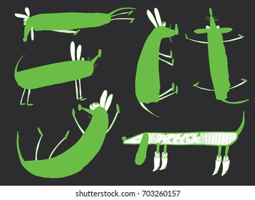 vector set line art dog, dachshund, stylized and funny doggies