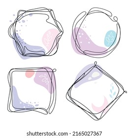 Vector conjunto de cuadros de doodle de línea de varias formas con manchas orgánicas y elementos botánicos,diseño de arte moderno mínimo para cubiertas,íconos,emblemas,invitaciones de boda