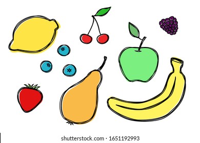 Conjunto vectorial de líneas de arte dibujadas frutas y bayas coloreadas en estilo de impresión errónea. Banana, limón, fresa, moras, pera, manzana, cereza, arándano.