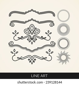 vector set of  line art elements for design, sunburst and ray lights shapes