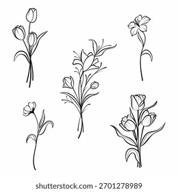 Vektorgrafik-Set von Linie Kunst Blumen und Blumen