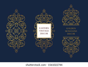 Vector set of line art frames and borders for design template. Elements in Eastern style. Golden outline floral arabic ornament. Isolated line art ornaments. Gold monoline ornamental decoration.