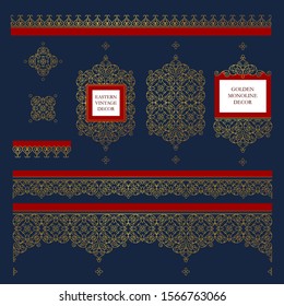 Vector set of line art frames, vignettes, borders, design template. Elements in Eastern style. Golden outline floral arabic ornament. Isolated line art ornaments. Gold monoline ornamental decoration.