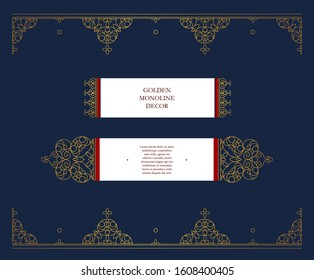 Vector set of line art frames and borders for design template. Elements in Eastern style. Golden outline floral arabic ornament. Isolated line art ornaments. Gold monoline ornamental decoration.