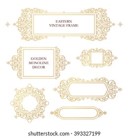 Vector set of line art frames for design template. Element in Eastern style. Golden outline floral frames. Mono line decor for invitations, greeting cards, certificate, thank you message.