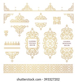 Vector set of line art frames and borders for design template. Element in Eastern style. Golden outline floral frames. Mono line decor for invitations, greeting cards, certificate, thank you message.