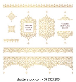 Vector set of line art frames and borders for design template. Element in Eastern style. Golden outline floral frames. Mono line decor for invitations, greeting cards, certificate, thank you message.