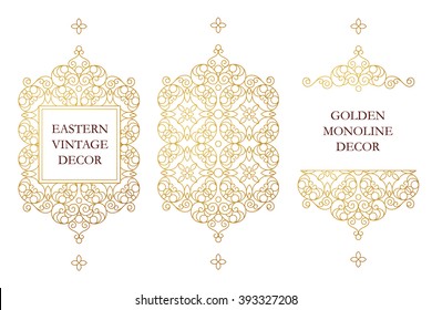 Vector set of line art frames and borders for design template. Element in Eastern style. Golden outline floral frames. Mono line decor for invitations, greeting cards, certificate, thank you message.