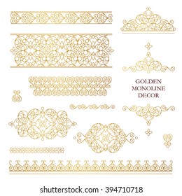 Vector set of line art frames, vignettes for design template. Element in Eastern style. Golden outline floral borders. Mono line decor for invitations, greeting cards, certificate, thank you message.