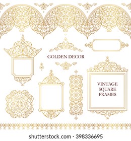 Vector set of line art frames, seamless borders for design template. Eastern style element. Golden outline floral decor. Mono line illustration for invitations, cards, certificate, thank you message.