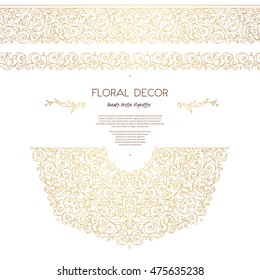 Vector set of line art frames, borders, vignettes for design template. Element in Eastern style. Golden outline floral ornaments. Mono line decor for invitations, greeting cards,  thank you message.