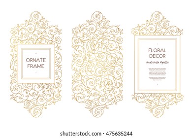 Vector set of line art frames and borders for design template. Element in Eastern style. Golden outline floral frames. Mono line decor for invitations, greeting cards, certificate, thank you message.