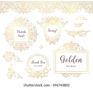 Vector set of line art frames and borders for design template. Element in Eastern style. Golden outline floral frames. Mono line decor for invitations, greeting cards, labels, tags, thank you message