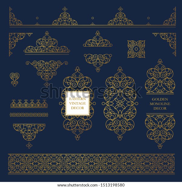Vector set of line art frames and borders for
design template. Elements in Eastern style. Golden outline floral
arabic ornament. Isolated line art ornaments. Gold monoline
ornamental decoration.