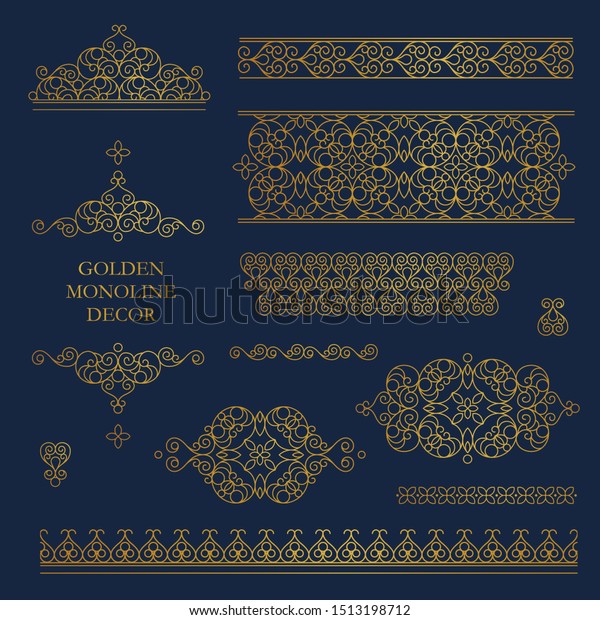 Vector set of line art frames and borders for\
design template. Elements in Eastern style. Golden outline floral\
arabic ornament. Isolated line art ornaments. Gold monoline\
ornamental decoration.