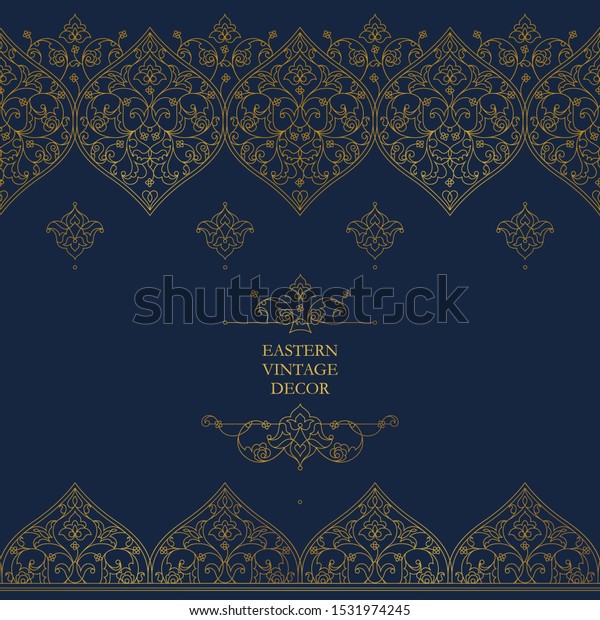 Vector set of line art frames and seamless\
borders for design template. Elements in Eastern style. Golden\
outline floral arabic ornament. Isolated line art ornaments. Gold\
ornamental decoration