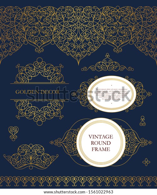 Vector set of line art frames and seamless\
borders for design template.Elements in Eastern style. Golden\
outline floral arabic ornament. Isolated line art ornaments.Gold\
monoline ornamental\
decoration