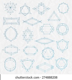 Vector Set of Line art hipster frames on a creased paper background