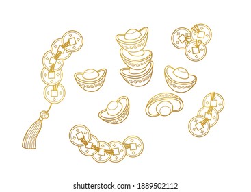 Vector set with line art illustration of Сhinese gold ingots, coins. Doodles, ornamental golden bar, design elements. Сhinese traditional ornament. Isolated. Gold colored, flat design style. Wealth