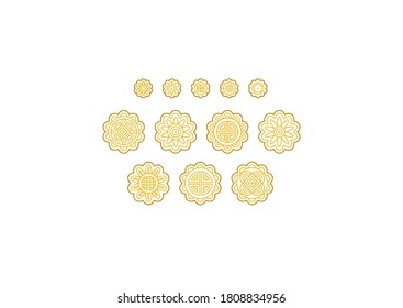 Vector set with line art moon cakes. Icons, symbols, logo design elements, illustration of stylized cute mooncakes. Be used as symbol for Mid Autumn Festival greetings. Isolated. Flat design style.