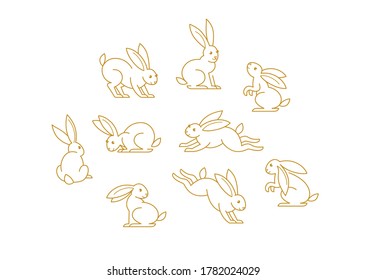 Vector set with line art rabbit. Icons, symbols, logo design elements, illustration of stylized cute bunny. Be used for Easter cards, Mid Autumn Festival greetings. Isolated. Flat design style.